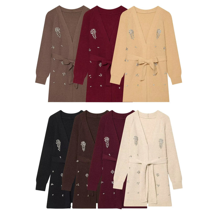 Women's long cardigan with tie belt and gemstone appliqué Mune Fashion