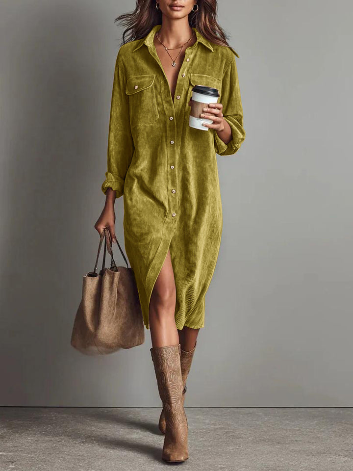 Women's shirt dress made of corduroy with breast pockets, button placket and slit Mune Fashion