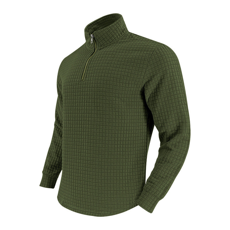 Men's Quilted Quarter-Zip Pullover with Check Pattern and Stand Collar Mune Fashion