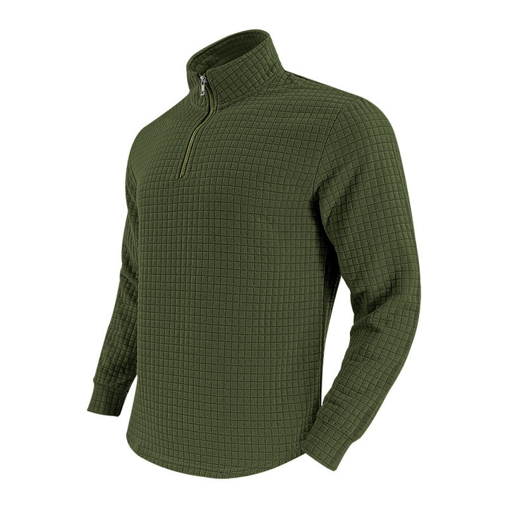 Men's Quilted Quarter-Zip Pullover with Check Pattern and Stand Collar Mune Fashion