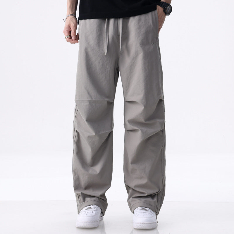 Men's Wide Cargo Pants with Drawstring, Knee Panels and Side Decorative Stripes Mune Fashion