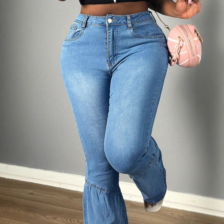 Women's High-Waisted Denim Jeans with Tiered Flounce-Flares and Sculpting Cut Mune Fashion