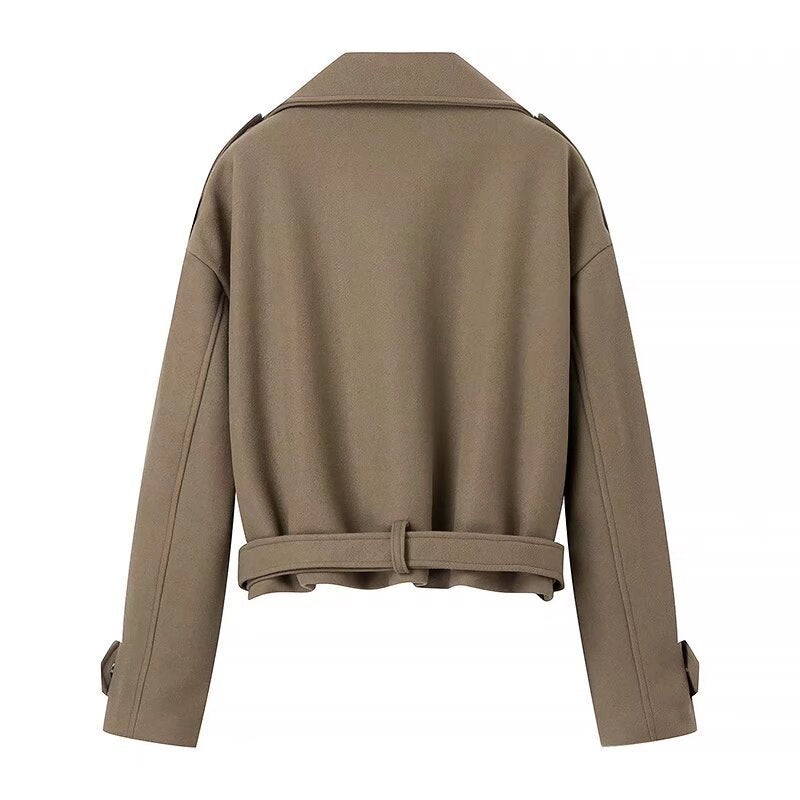 Women's Short Wool Blend Trench Coat with Belt, Epaulettes and Wide Lapels Mune Fashion