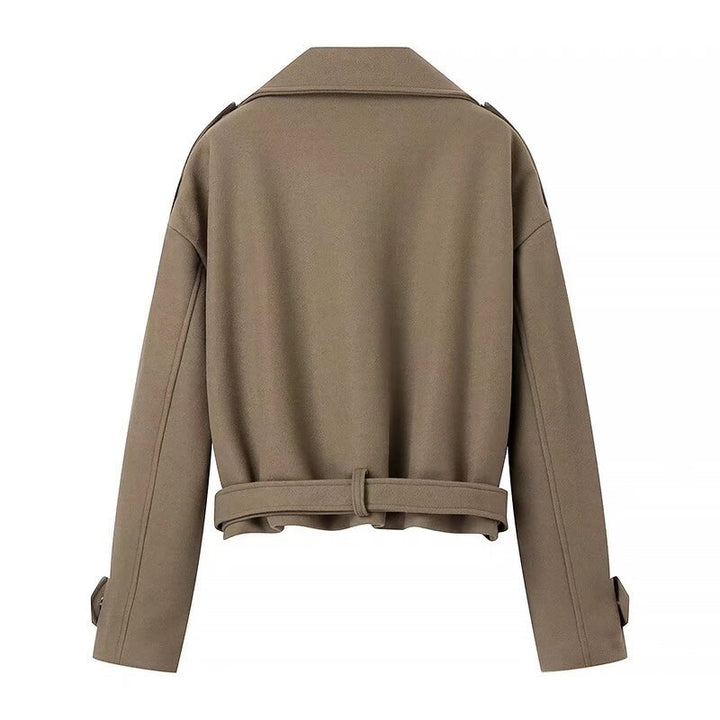 Women's Short Wool Blend Trench Coat with Belt, Epaulettes and Wide Lapels Mune Fashion