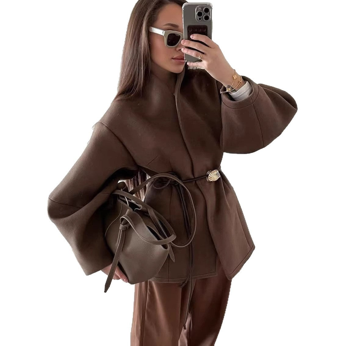 Women's Tailored Wrap Mortar Coat with Narrow Leather Belt and Shell Buckle Mune Fashion