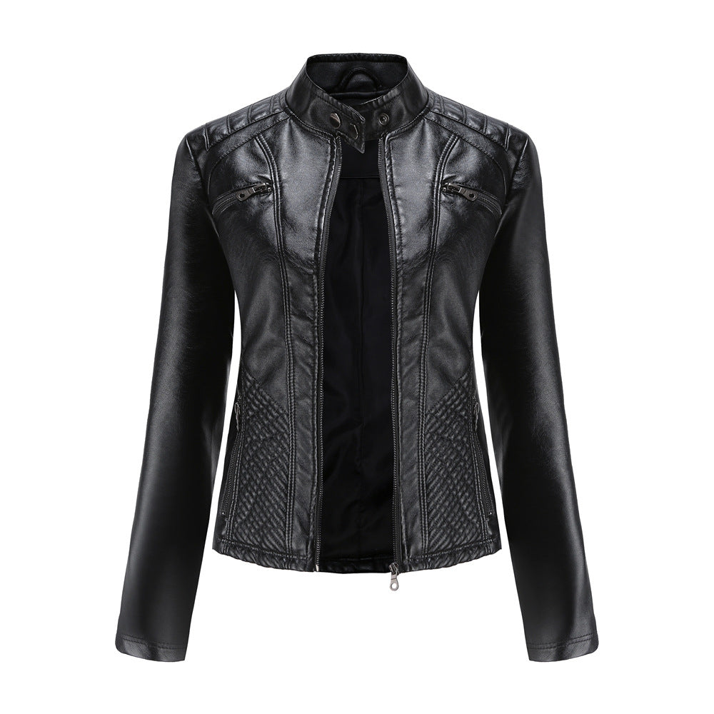 Women tailored biker jacket made of faux leather with quilted panels and stand-up collar Mune Fashion