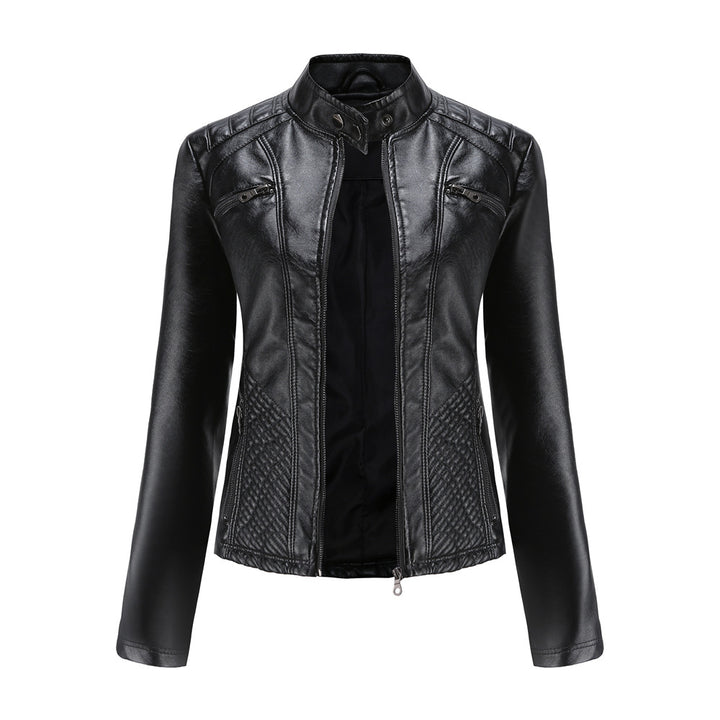 Women tailored biker jacket made of faux leather with quilted panels and stand-up collar Mune Fashion