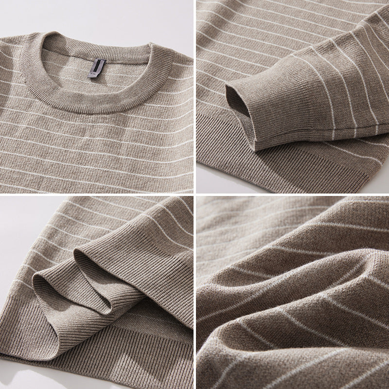 Men's fine-knit sweater with subtle horizontal stripes and ribbed finishes