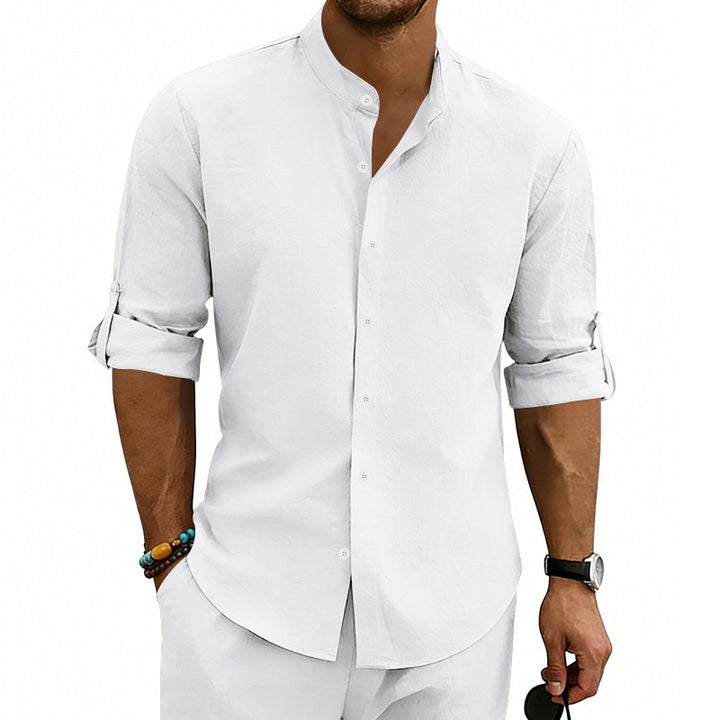 Men's Modern Linen Blend Shirt with Stand Collar, Roll-up Sleeves and Narrow Placket Mune Fashion