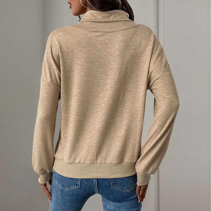 Women's Crossed Stand Collar Sweatshirt with Button Placket and Ribbed Cuffs Mune Fashion