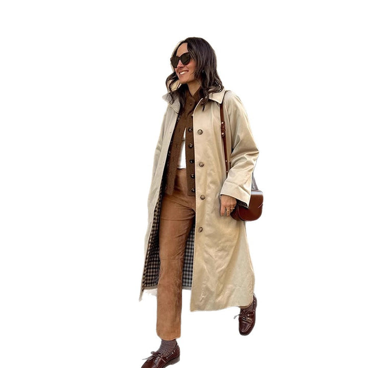 Women's Maxi Long Trench Coat with Check Lining, Wide Fall & Classic Button Placket Mune Fashion