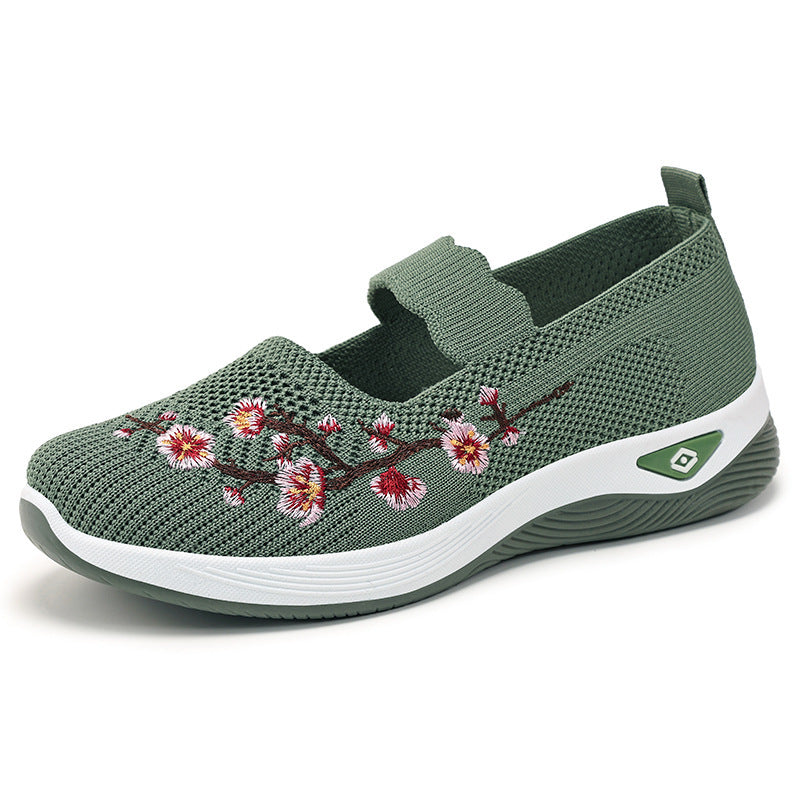 Ladies embroidered comfort ballerina with elastic Mary Jane strap, breathable knit upper and shock-absorbing EVA wedge sole Mune Fashion