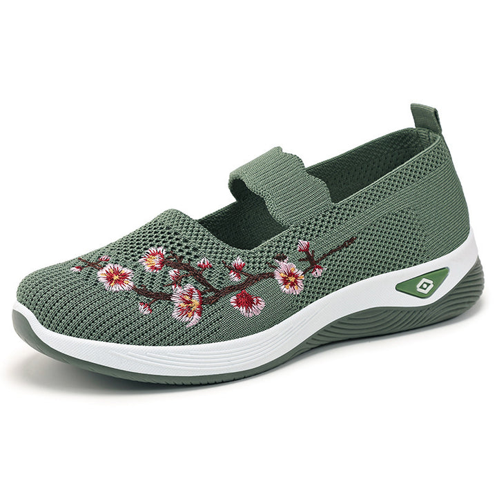 Ladies embroidered comfort ballerina with elastic Mary Jane strap, breathable knit upper and shock-absorbing EVA wedge sole Mune Fashion