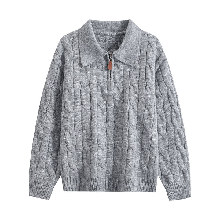 Women's chunky knit turtleneck sweater with half zipper & oversized collar Mune Fashion