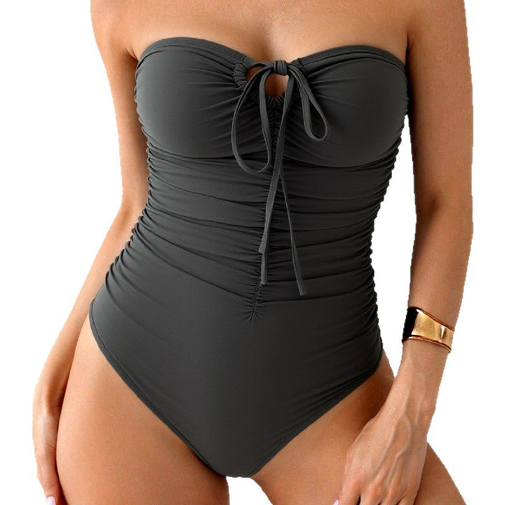 Women's Bandeau Swimsuit with Ruching and Fashionable Slit Mune Fashion
