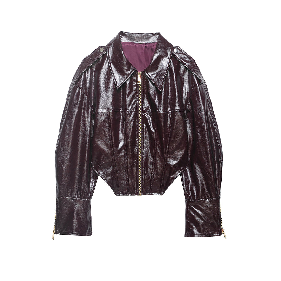 Women's Cropped Patent Leather Look Biker Jacket with Oversized Sleeves, Epaulettes and Continuous Front Zip Mune Fashion
