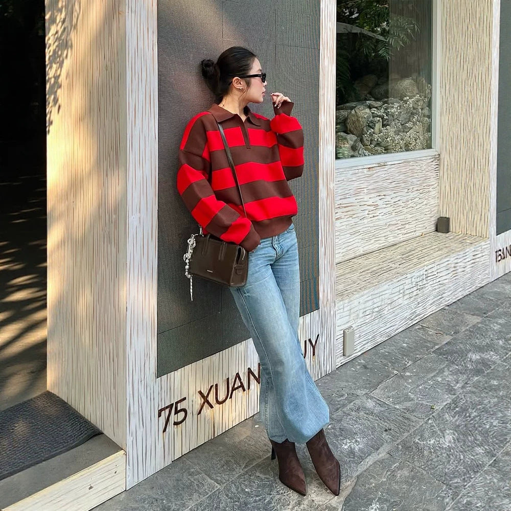 Women Oversize Rugby Knitted Sweater with Polo Collar & Wide Block Stripes Mune Fashion