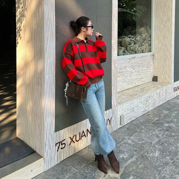 Women Oversize Rugby Knitted Sweater with Polo Collar & Wide Block Stripes Mune Fashion