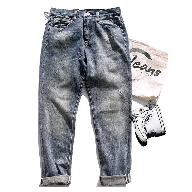 Men's Relaxed-Tapered Vintage Jeans with Used Effect and Cuffed Hem Mune Fashion