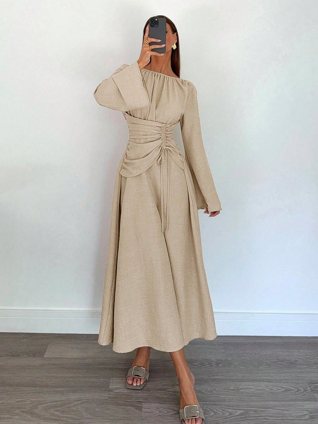 Ladies Max Dress with gathered waist lacing and bell sleeves Mune Fashion