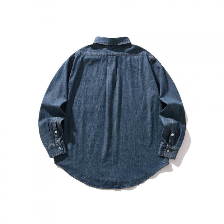 Unisex Oversize Denim Shirt Jacket with Button Collar, Applied Chest Pocket and Rounded Hem Mune Fashion