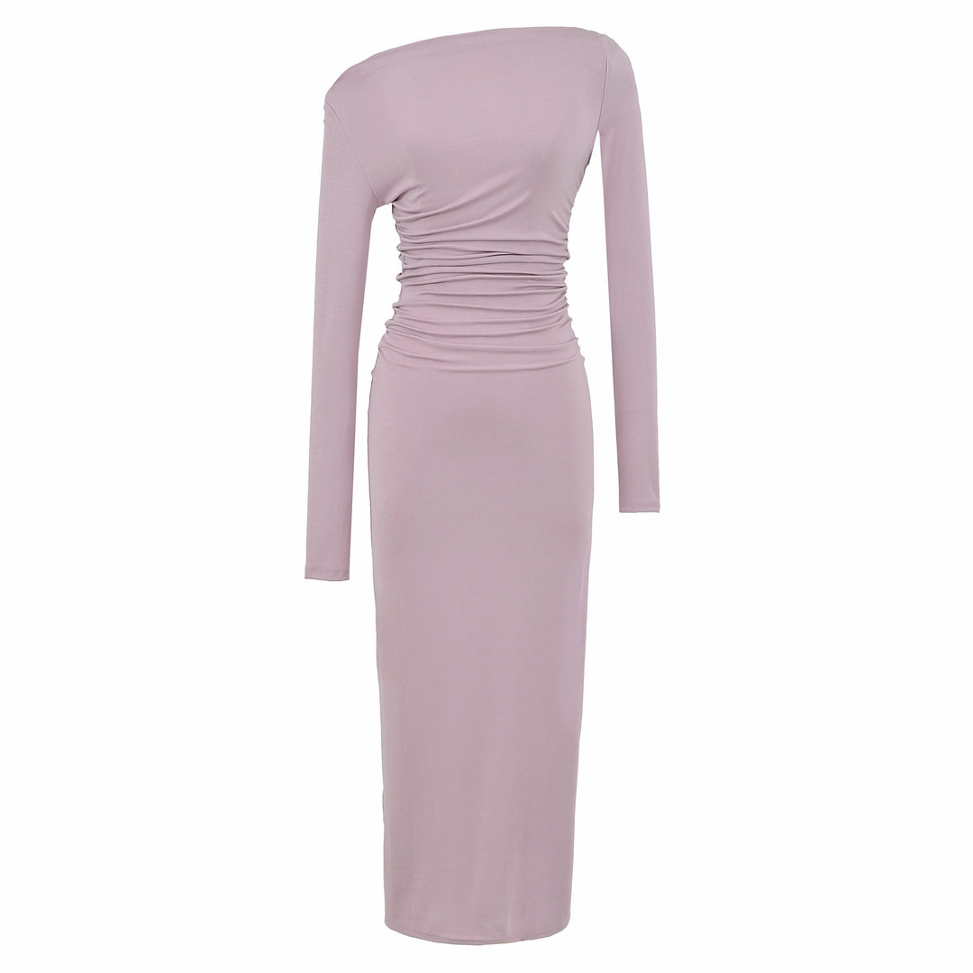 Women One-Shoulder Midi Dress with Long Sleeve and Side Gathering Mune Fashion
