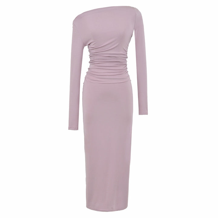 Women One-Shoulder Midi Dress with Long Sleeve and Side Gathering Mune Fashion