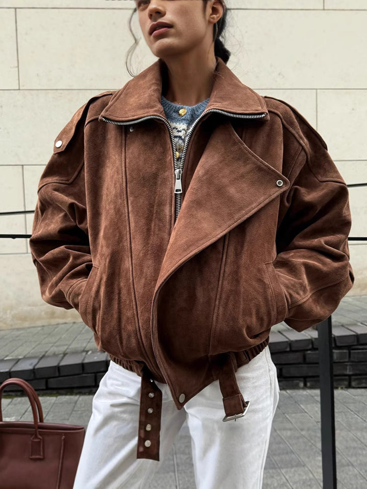 Women Oversized Suede Bomber Jacket with Waist Belt and Shawl Collar Mune Fashion