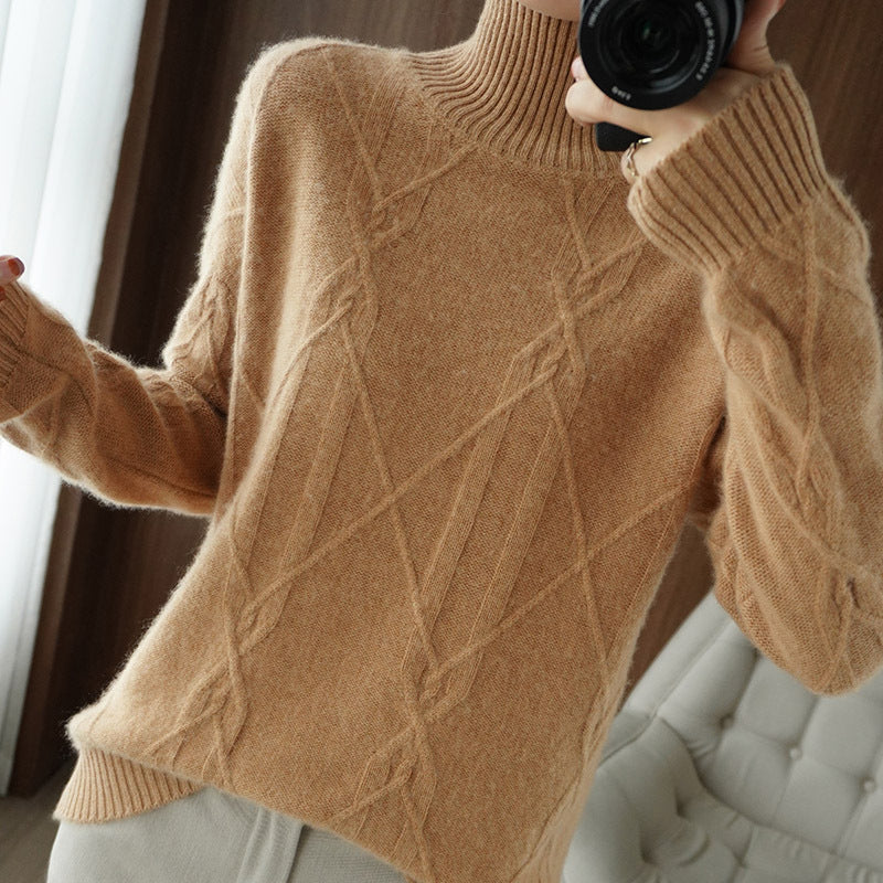 Women's Soft Mohair-Look Sweater with High Ribbed Collar, Cable Knit Pattern, and Boxy Oversized Fit Mune Fashion