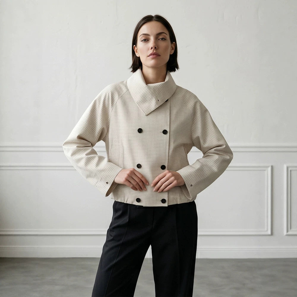 Women's Short Double-Breasted Blouson Jacket with Wrap Collar and Raglan Sleeves Mune Fashion