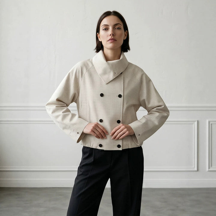 Women's Short Double-Breasted Blouson Jacket with Wrap Collar and Raglan Sleeves Mune Fashion