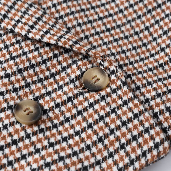 Women's Cropped Blazer in Houndstooth Pattern with Double-Breasted Button Placket Mune Fashion