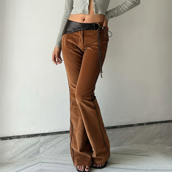 Women's corduroy pants with a high waistband, leather trim, and tie belt Mune Fashion