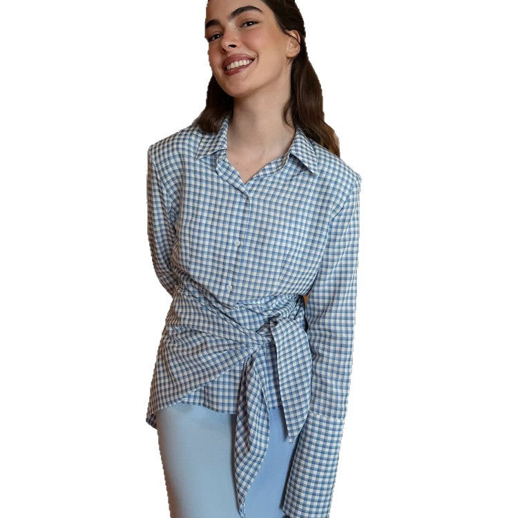 Women Gingham Wrap Blouse with Side Waist Tie and Shirt Collar Mune Fashion
