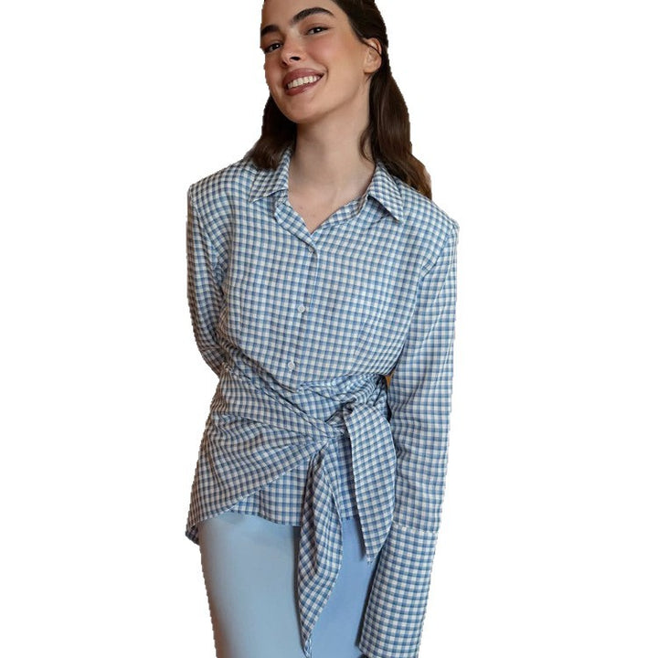 Women Gingham Wrap Blouse with Side Waist Tie and Shirt Collar Mune Fashion