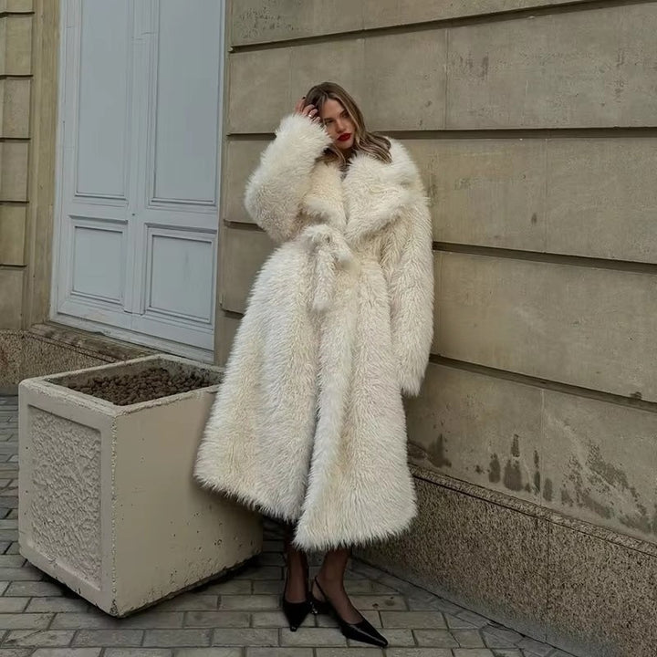 Women’s Maxi Faux Fur Coat with Voluminous Shawl Collar and Wrap Belt Mune Fashion