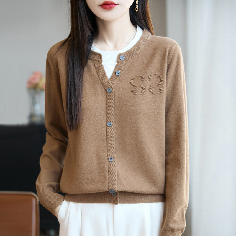 Women's Short Fine Knit Cardigan with V-slit Collar, Ribbed Trim and Subtle Structured Logo Mune Fashion