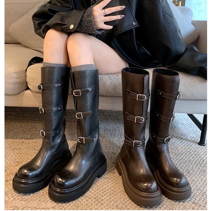 Women's knee-high platform biker boots with distinctive lug sole and three decorative belts Mune Fashion