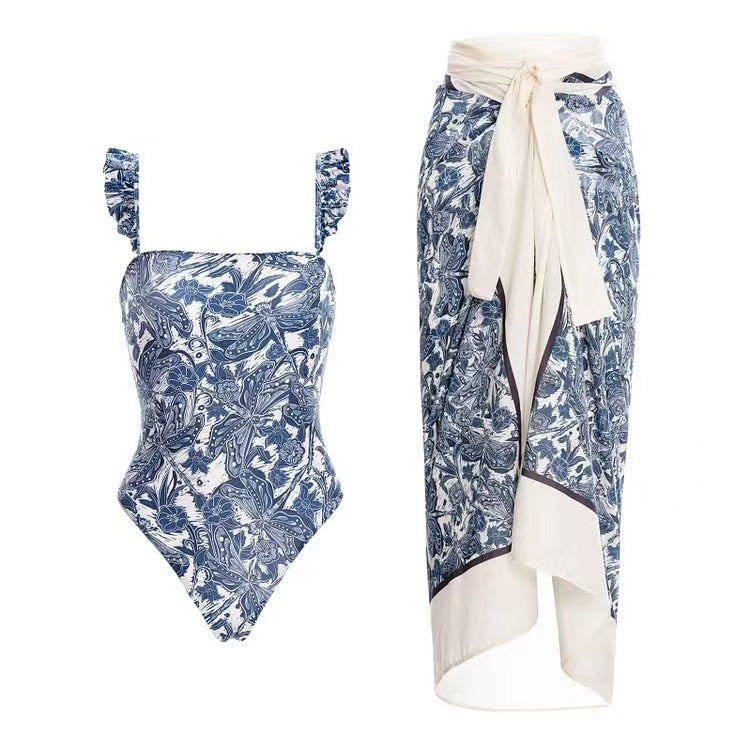 Women's One-Piece Swimsuit with Floral Design and Removable Wrap Skirt Mune Fashion