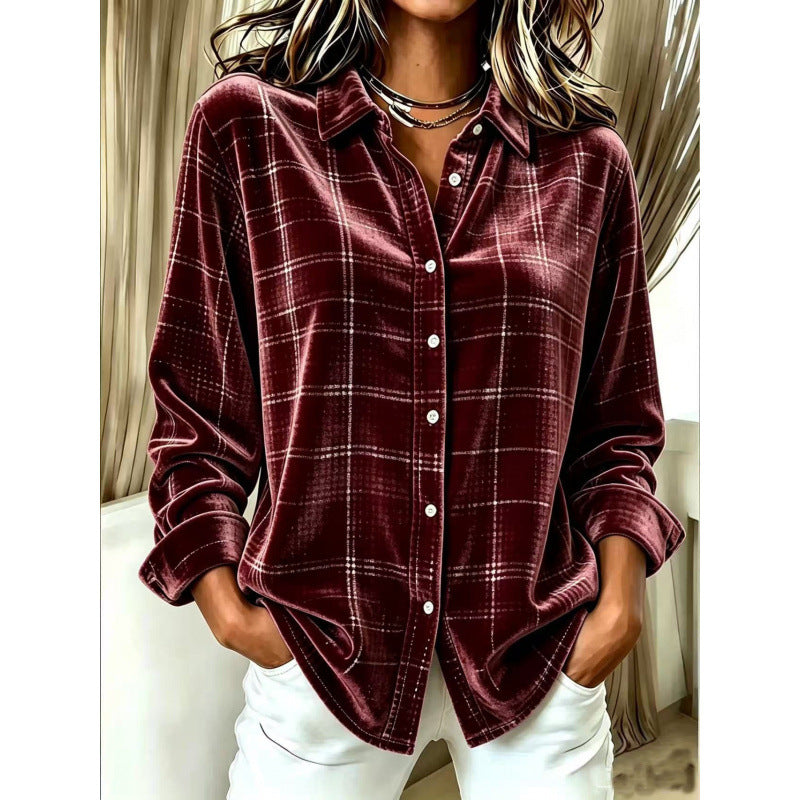 Women's Velvet Shirt Blouse with Check Pattern and Loose Oversized Cut Mune Fashion