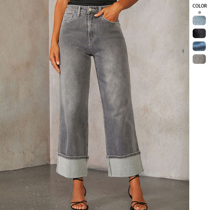 Women high-waisted culotte jeans with wide cuff and straight leg Mune Fashion