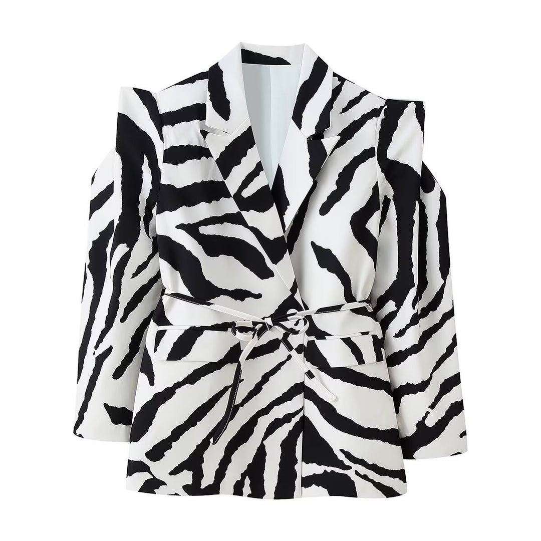 Women’s Blazer with Zebra Print, tailored tie belt and cut-out shoulders Mune Fashion
