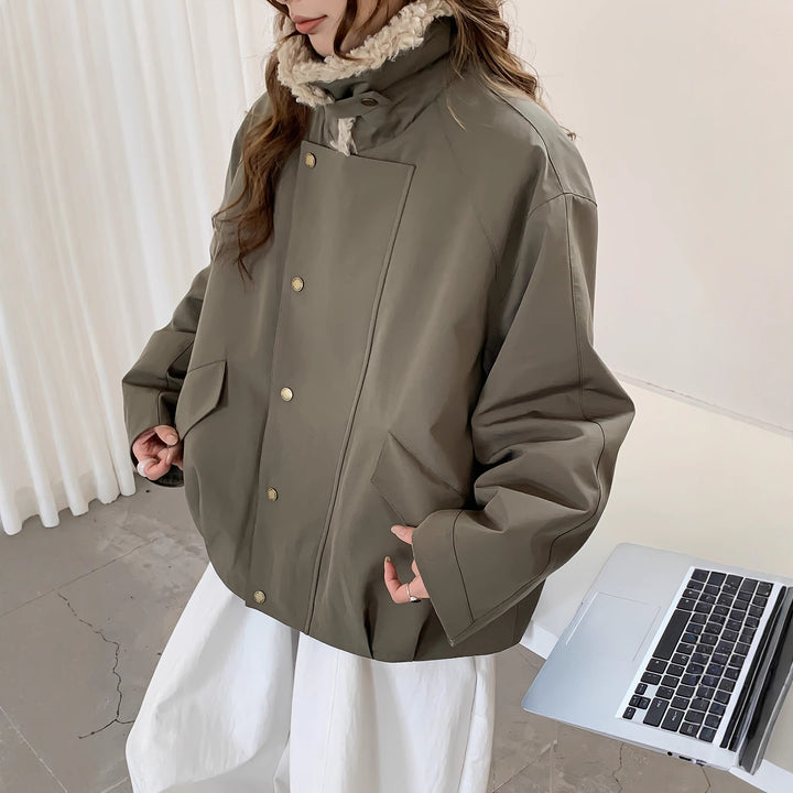 Women Oversize Utility Jacket with High Teddy Collar and Snap Button Placket Mune Fashion
