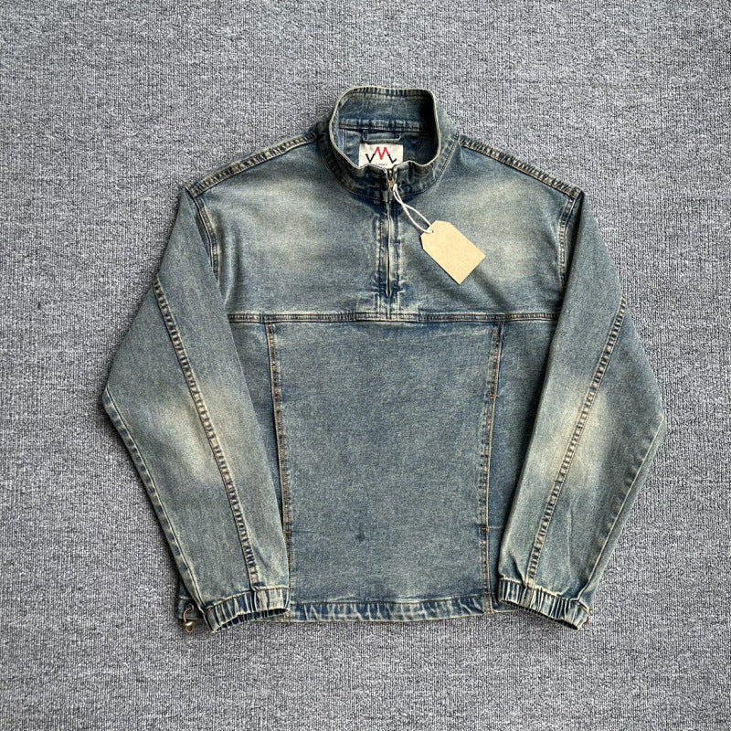 Men's denim pullover jacket in vintage look with half zip and stand-up collar Mune Fashion