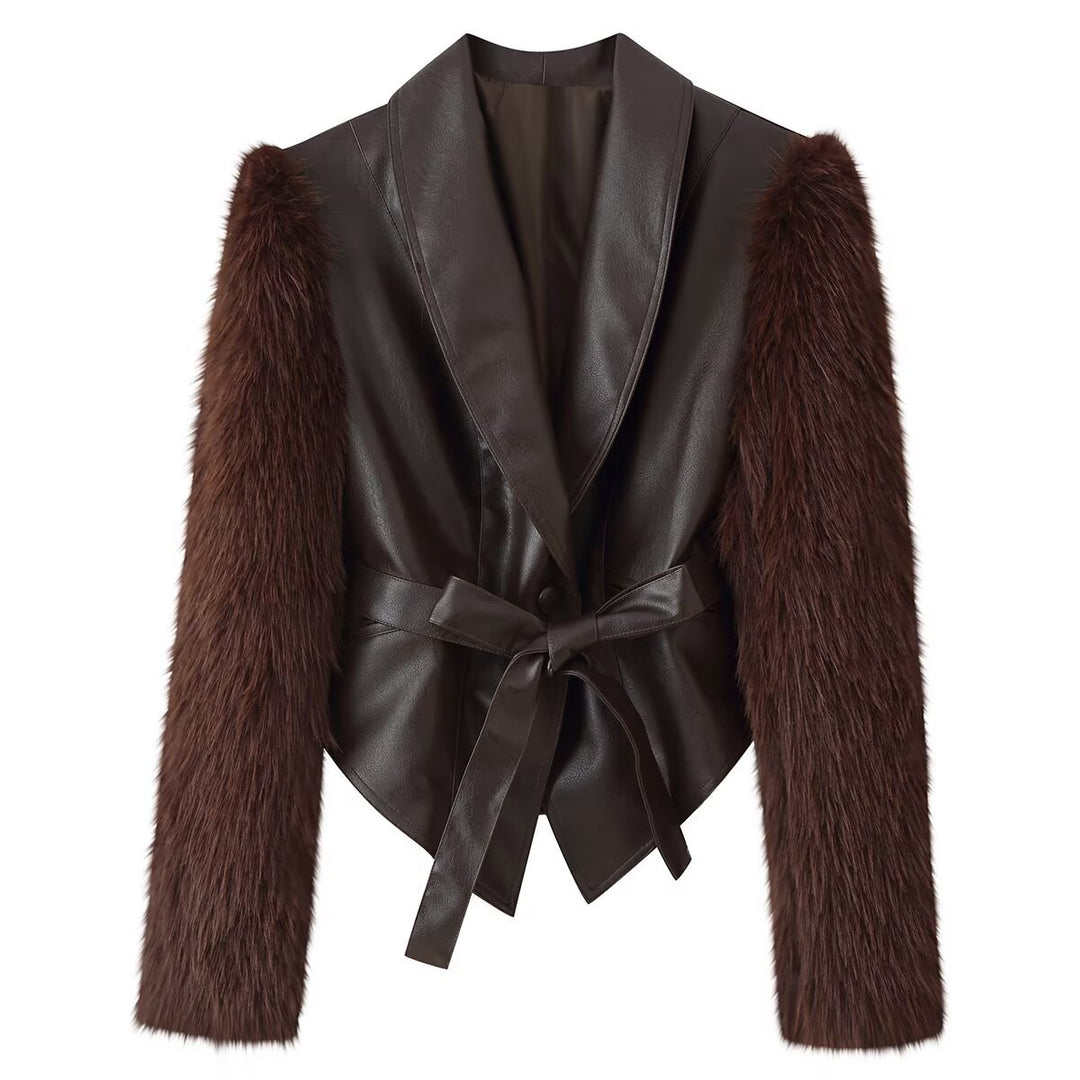Women short jacket made of faux leather with long faux fur sleeves and tie belt Mune Fashion