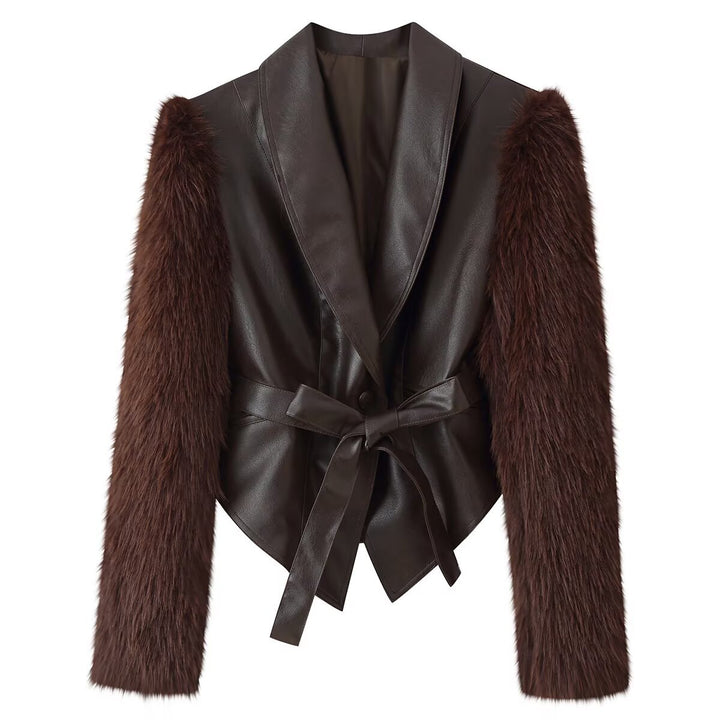 Women short jacket made of faux leather with long faux fur sleeves and tie belt Mune Fashion