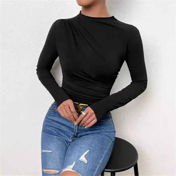 Women nan gathered long sleeve shirt with asymmetric boat neckline and figure-hugging silhouette Mune Fashion
