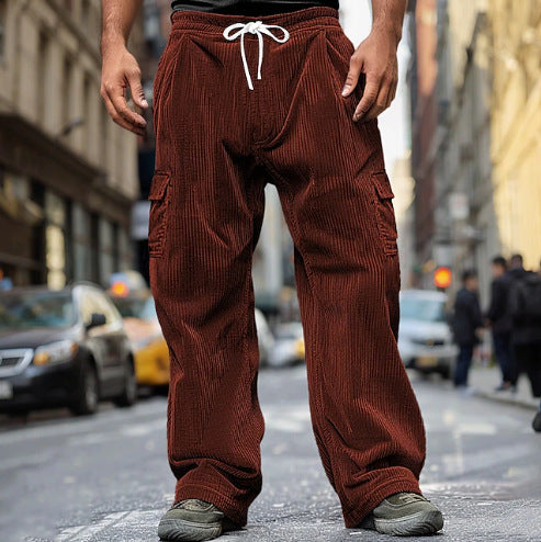 Men's corduroy-look cargo joggers with drawstring, elastic waistband, and patch flap pockets Mune Fashion
