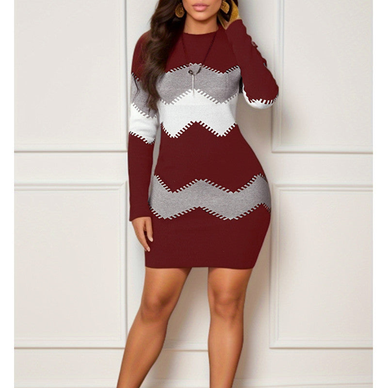 Women Figure-Hugging Knit Mini Dress with Long Sleeves and Zigzag Pattern Mune Fashion
