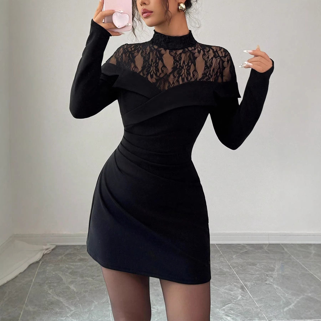 Women's Figure-Hugging Mini Dress with Lace Insert, Stand Collar and Draping Detail